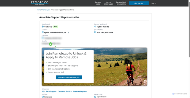 Security scan screenshot of https://remote.co/job-details/associate-support-representative-8d7db1a9-2c49-4b71-b539-9ab931afd709