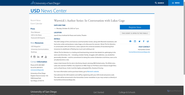 Security scan screenshot of https://www.sandiego.edu/events/detail.php?_focus=97051