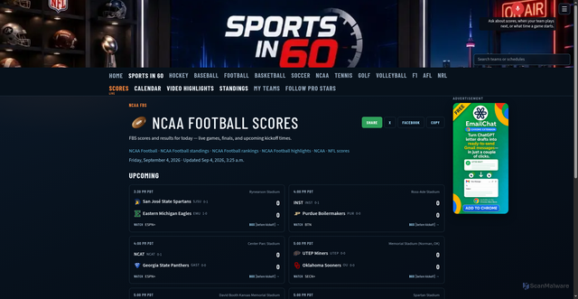Security scan screenshot of https://sportscasterai.com/sports/ncaa-football/results