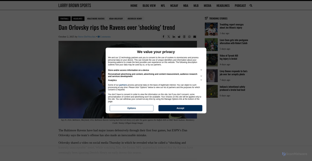 Security scan screenshot of https://larrybrownsports.com/football/dan-orlovsky-rips-ravens-shocking-stat-derrick-henry/720171