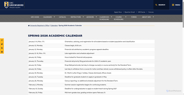 Security scan screenshot of https://reg.uncg.edu/calendars/spring-2026-academic-calendar/