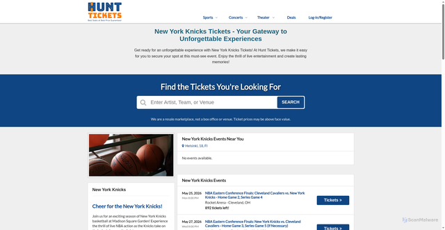 Security scan screenshot of https://www.hunttickets.us/performers/new-york-knicks