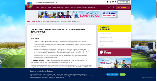 Security scan screenshot of https://www.windiescricket.com/news/cricket-west-indies-announces-t20-squad-for-new-zealand-tour/