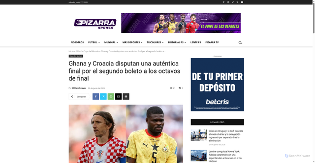 Security scan screenshot of https://www.pizarrasports.com/ghana-y-croacia-disputan-una-autentica-final-por-el-segundo-boleto-a-los-octavos-de-final/