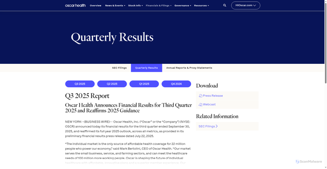 Security scan screenshot of https://ir.hioscar.com/financials/quarterly-results/default.aspx