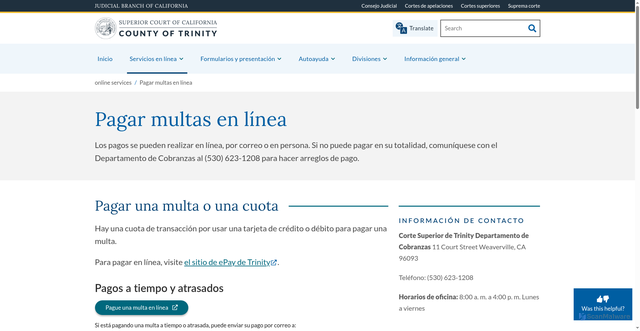 Security scan screenshot of https://www.trinity.courts.ca.gov/es/online-services/pagar-multas-en-linea