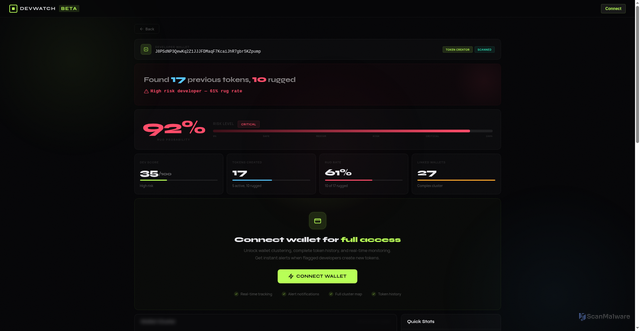 Security scan screenshot of https://check-7se6qmd.devwatchdeploy.homes/?address=J8PSdNP3QewKq2Z1JJJFDMaqF7KcaiJhR7gbr5KZpump
