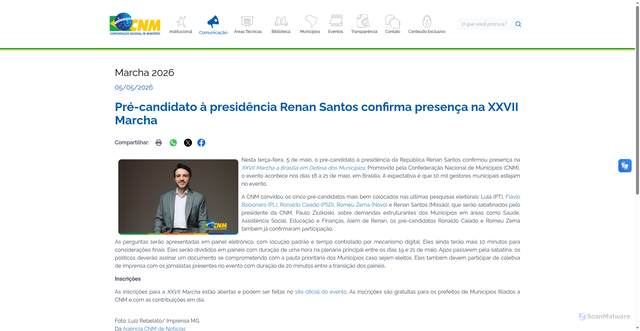 Security scan screenshot of https://cnm.org.br/comunicacao/noticias/pre-candidato-a-presidencia-renan-santos-confirma-presenca-na-xxvii-marcha
