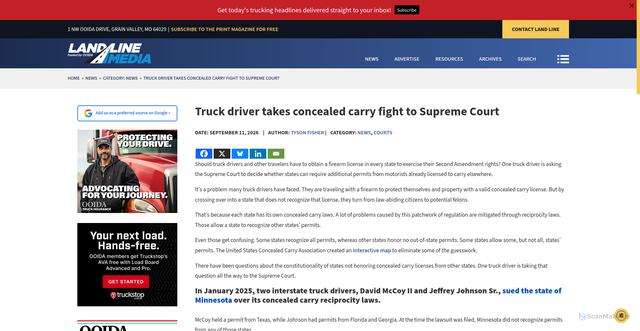 Security scan screenshot of https://landline.media/truck-driver-takes-concealed-carry-fight-to-supreme-court/