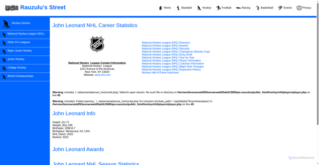 Security scan screenshot of http://w.rauzulusstreet.com/hockey/nhl/players/player.php?name=leonajo01