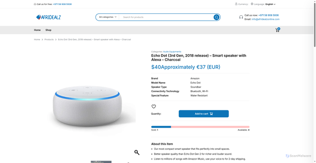 Security scan screenshot of https://afridealzonline.com/product/echo-dot-3rd-gen-2018-release-smart-speaker-with-alexa-charcoal/