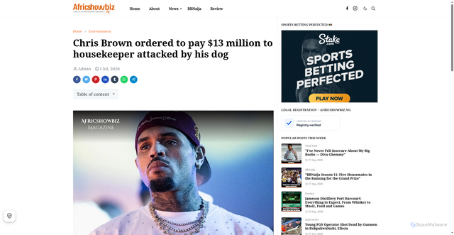 Security scan screenshot of https://www.africshowbiz.ng/2026/07/chris-brown-ordered-to-pay-13-million.html