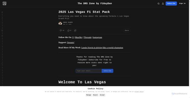 Security scan screenshot of https://f1guydan.substack.com/p/2025-las-vegas-f1-stat-pack