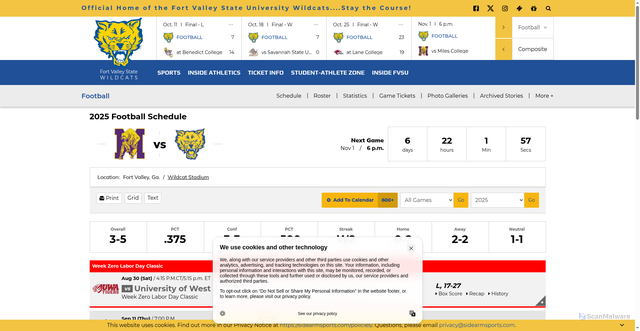 Security scan screenshot of https://fvsusports.com/sports/football/schedule/2025