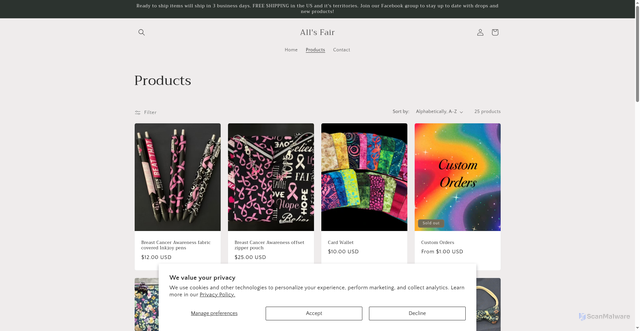 Security scan screenshot of https://allsfairllc.com/collections/all