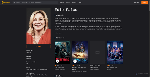 Security scan screenshot of https://filmhive.co.uk/people/17038/edie-falco