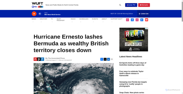 Security scan screenshot of https://www.wuft.org/2024-08-17/hurricane-ernesto-lashes-bermuda-as-wealthy-british-territory-closes-down