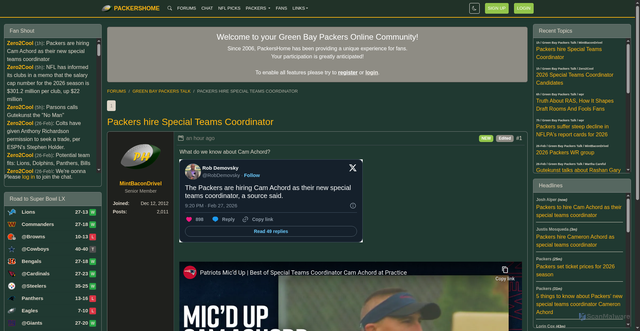 Security scan screenshot of https://www.packershome.com/Forums/Messages/35842/packers-hire-special-teams-coordinator/Page