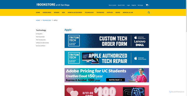 Security scan screenshot of https://www.ucsandiegobookstore.com/technology/apple