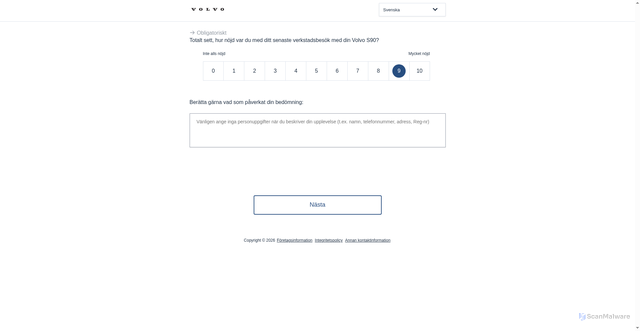 Security scan screenshot of https://feedback.volvocars.com/?erpn6rrzf6y5ts27fx9pht&lng=sv_SE&_score=9