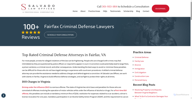 Security scan screenshot of https://www.salvadolaw.com/fairfax-criminal-defense-attorney