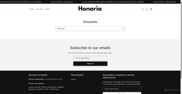 Security scan screenshot of https://tiendahonoria.com/search