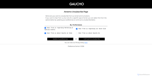 Security scan screenshot of https://gaucho.comms-pref.com/Preferences/Unsubscribe?P1=5764928&P2=362f4a8b4243bac85ce26d9043f6a7ac&P3=21890&utm_campaign=tft_music_mcr_26&utm_source=atreemo&utm_medium=email&utm_content=&utm_term=
