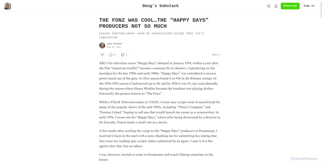 Security scan screenshot of https://dougfriedman.substack.com/p/the-fonz-was-coolthe-happy-days-producers
