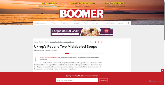 Security scan screenshot of https://www.boomermagazine.com/ukrops-recalls-two-mislabeled-soups/
