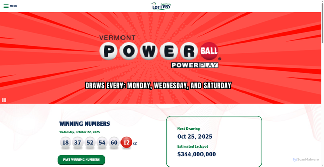 Security scan screenshot of https://vtlottery.com/games/powerball