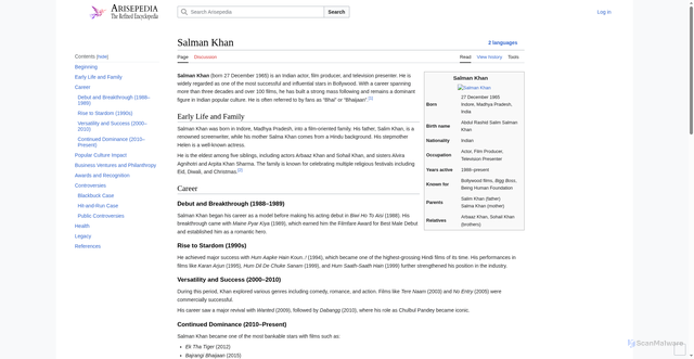 Security scan screenshot of https://arisepedia.org/wiki/Salman_Khan