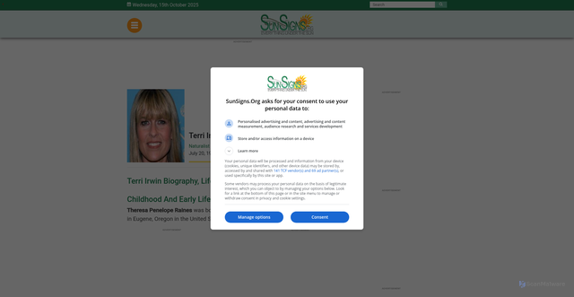 Security scan screenshot of https://www.sunsigns.org/famousbirthdays/profile/terri-irwin/