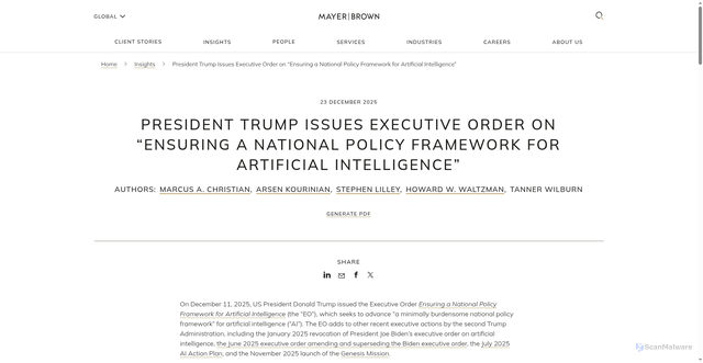 Security scan screenshot of https://www.mayerbrown.com/en/insights/publications/2025/12/president-trump-issues-executive-order-on-ensuring-a-national-policy-framework-for-artificial-intelligence