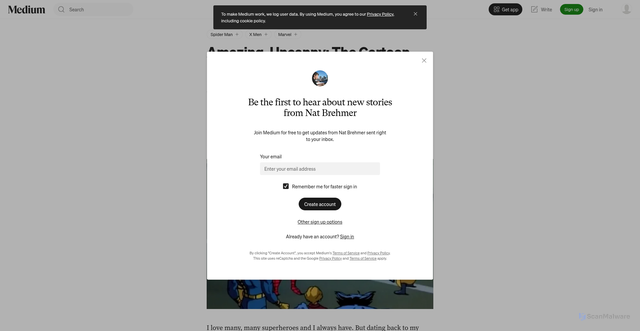 Security scan screenshot of https://nbrehmer.medium.com/amazing-uncanny-the-cartoon-crossovers-of-spider-man-and-the-x-men-fcf8bbc1e6f6