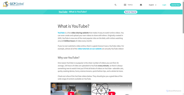 Security scan screenshot of https://edu.gcfglobal.org/en/youtube/what-is-youtube/1/