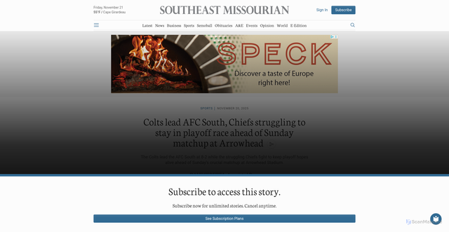 Security scan screenshot of https://www.semissourian.com/sports/colts-lead-afc-south-chiefs-struggling-to-stay-in-playoff-race-ahead-of-sunday-matchup-at-arrowhead-b008f68f