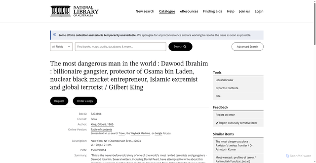 Security scan screenshot of https://catalogue.nla.gov.au/catalog/3293606