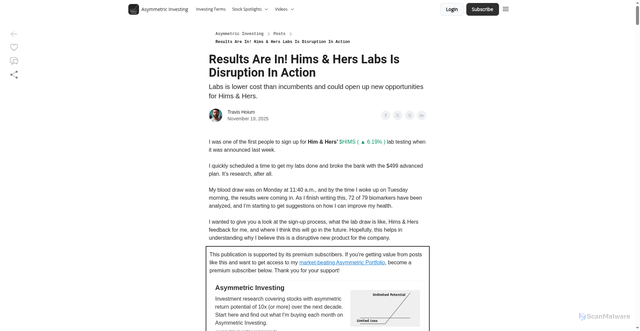 Security scan screenshot of https://asymmetric-investing.beehiiv.com/p/results-are-in-hims-hers-labs-is-disruption-in-action