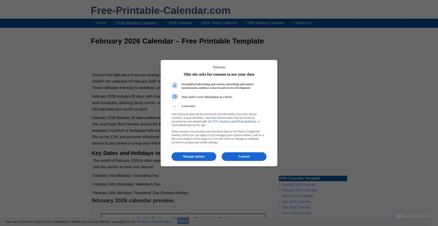 Security scan screenshot of https://www.free-printable-calendar.com/february-2026-calendar.html