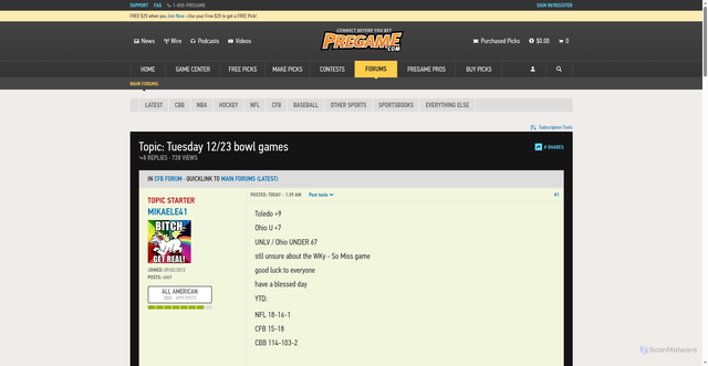 Security scan screenshot of https://pregame.com/pregame-forums/f/cfb/1874222/tuesday-12-23-bowl-games