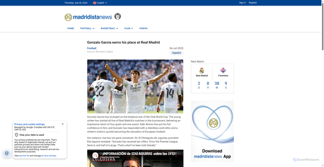 Security scan screenshot of https://madridistanews.com/en/news/detail/gonzalo-garcia-earns-his-place-at-real-madrid