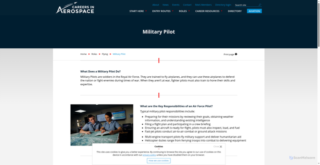 Security scan screenshot of https://www.careersinaerospace.com/roles/flying/military-pilot/
