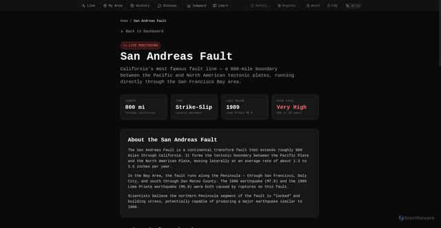 Security scan screenshot of https://baytremor.com/san-andreas-fault
