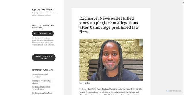 Security scan screenshot of https://retractionwatch.com/2026/07/27/cambridge-jason-arday-plagiarism-allegations-times-higher-education-exclusive/