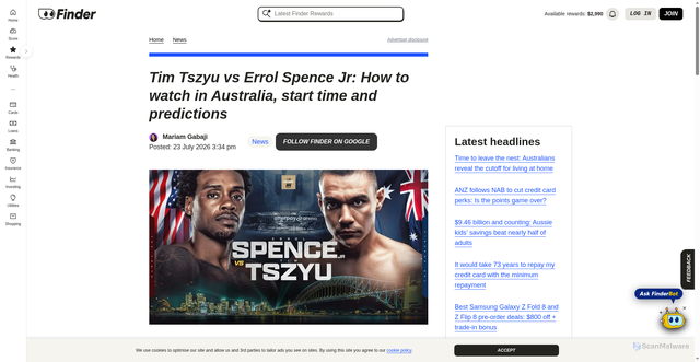 Security scan screenshot of https://www.finder.com.au/news/tim-tszyu-vs-errol-spence-jr-how-to-watch-australia