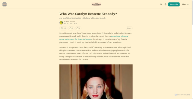 Security scan screenshot of https://glynnismacnicol.substack.com/p/who-was-carolyn-bessette-kennedy