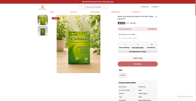 Security scan screenshot of https://aspharma.online/Neem-And-Aloevera-Soap-For-All-Skin-Types-Pack-Of/catalogue/QdmGhPVw/0M16w-Eo