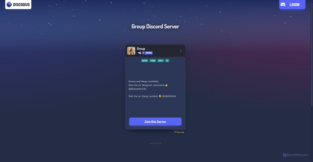 Security scan screenshot of https://discodus.com/server/1550245876163936359