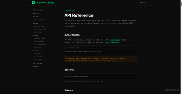 Security scan screenshot of https://kling3cheap.com/en/docs