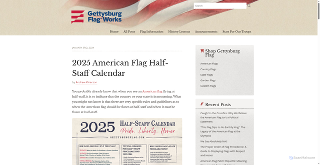 Security scan screenshot of https://www.gettysburgflag.com/blog/american-flag-half-staff-calendar/?srsltid=AfmBOooCPjnZ841BzqXQ3gHb9kgysIwg_0x-OEw7U0nxZ1i9odhaGDQ8